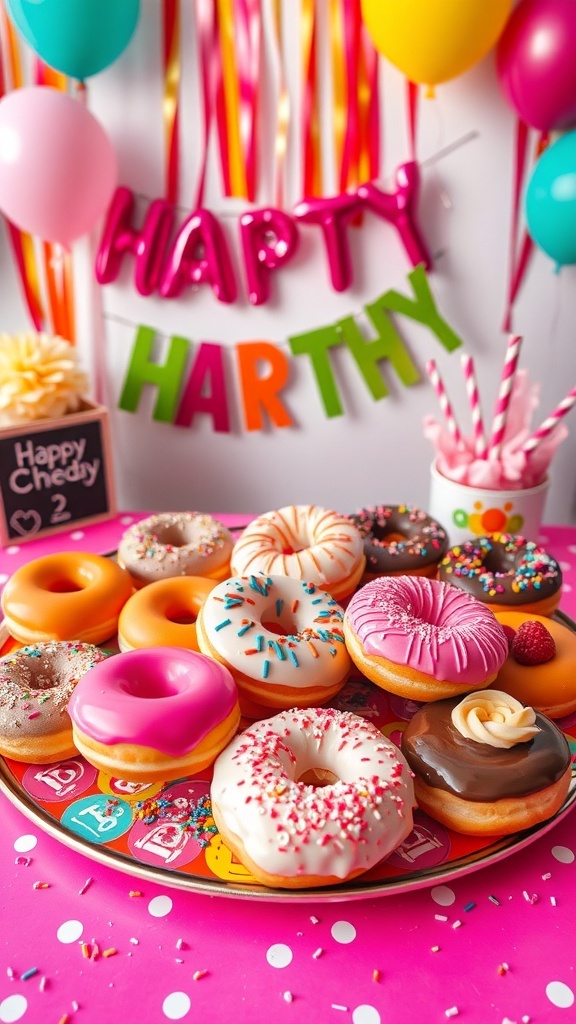 A colorful assortment of donuts with various toppings displayed on a party table.